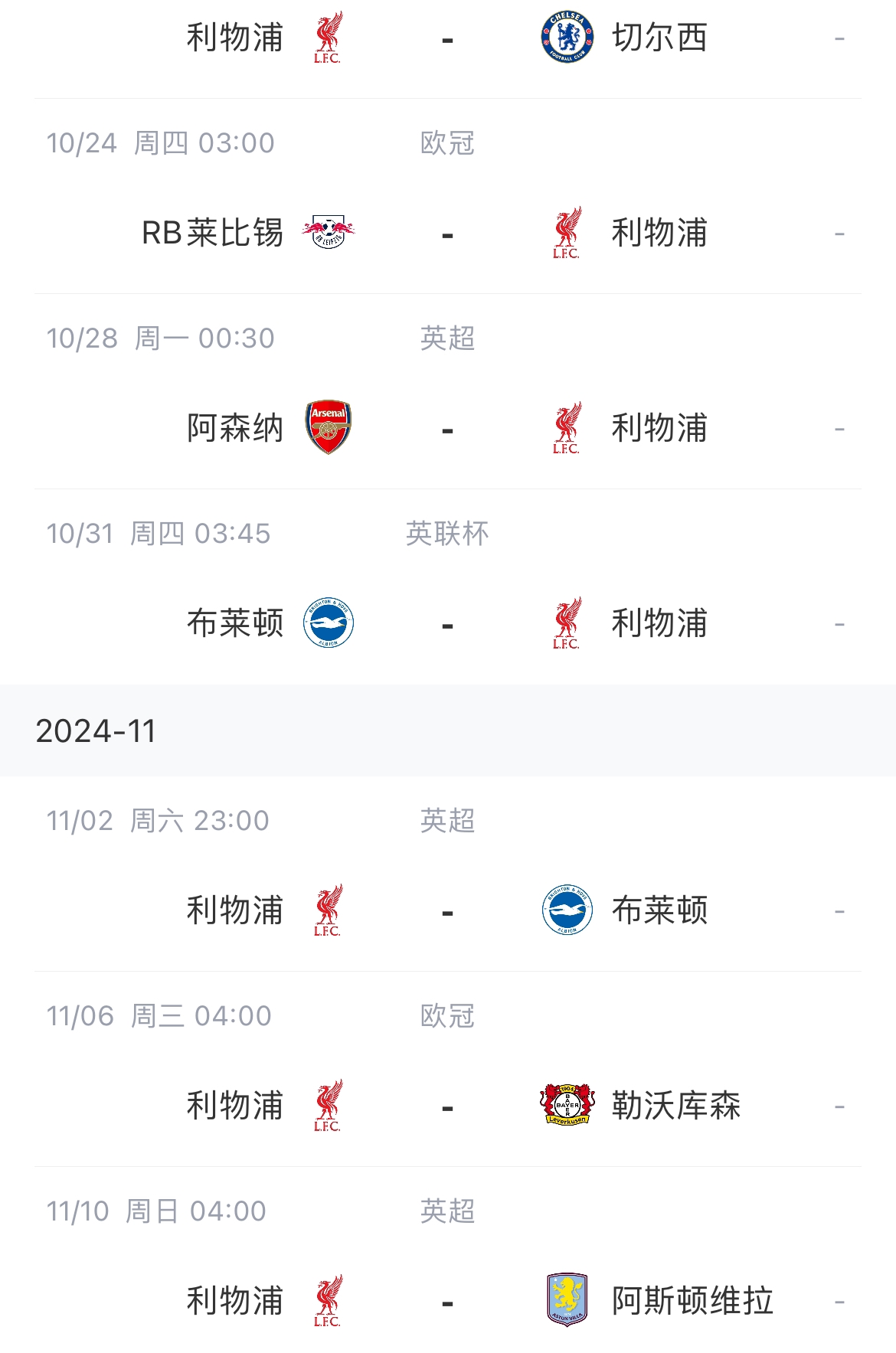 斯洛特迎大考！利物浦未来10场对手：切尔西、阿森纳、皇马、曼城